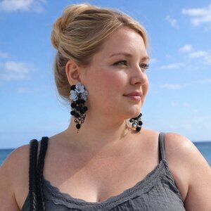 Black Gray Fabric Flower Statement Dangle Earrings Pom Pom Beaded Fringe Long